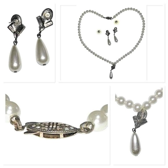 Vintage baguette rhinestones & faux Pearl drop beaded necklace with pierced - Picture 9 of 9